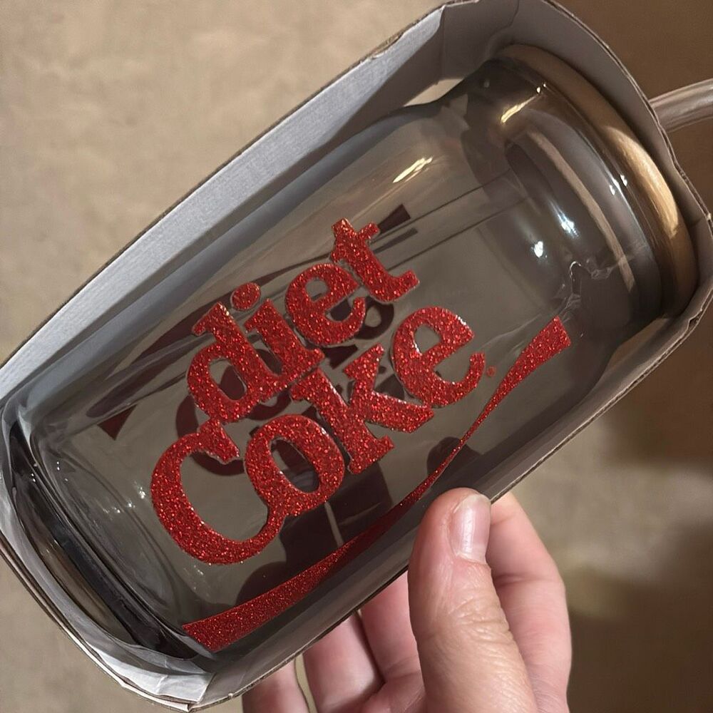 Coca Cola Diet Coke Glass Tumbler with Lid and Straw Glitter Red NWT 16oz